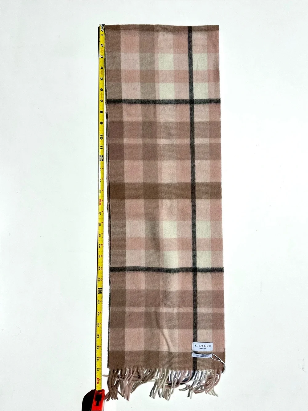 NWT Kiltane Lambswool Pink, Cream, Black & Brown Plaid Check Fringed Scarf 62x12